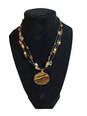 Multi-Strand Beaded Necklace With Gold Pendant & Earth-Tone Accents Pre-Owned